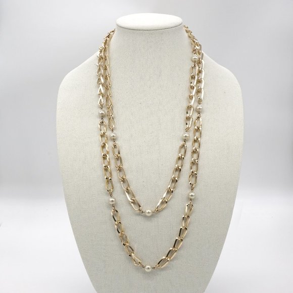 My Bead Emporium Jewelry - Necklace with two gold chains and pearl beads.